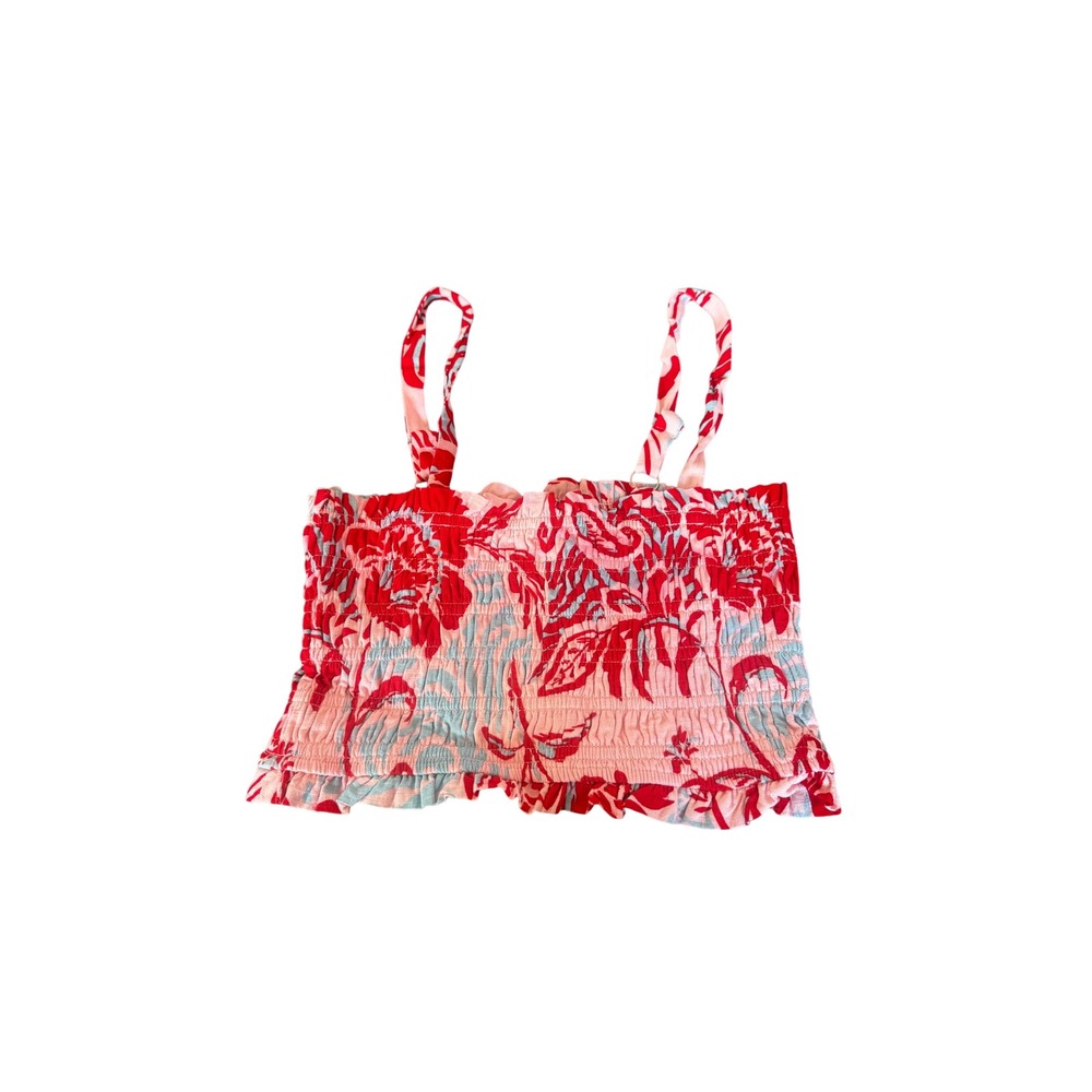Paper Heart Pink Red Floral Smocked Linen Blend Crop Top Large TPH935520